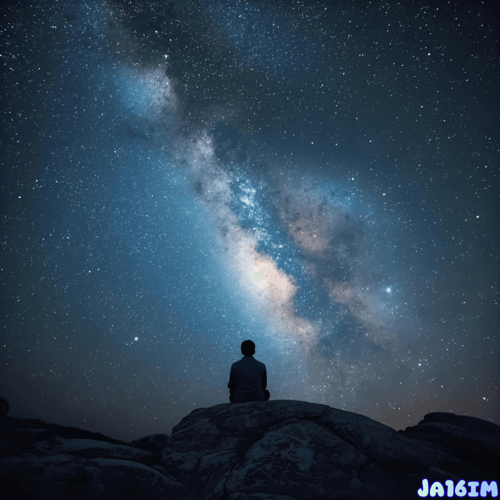 A man gazing at the night sky, symbolizing contemplation and the connection of consciousness with the universe.