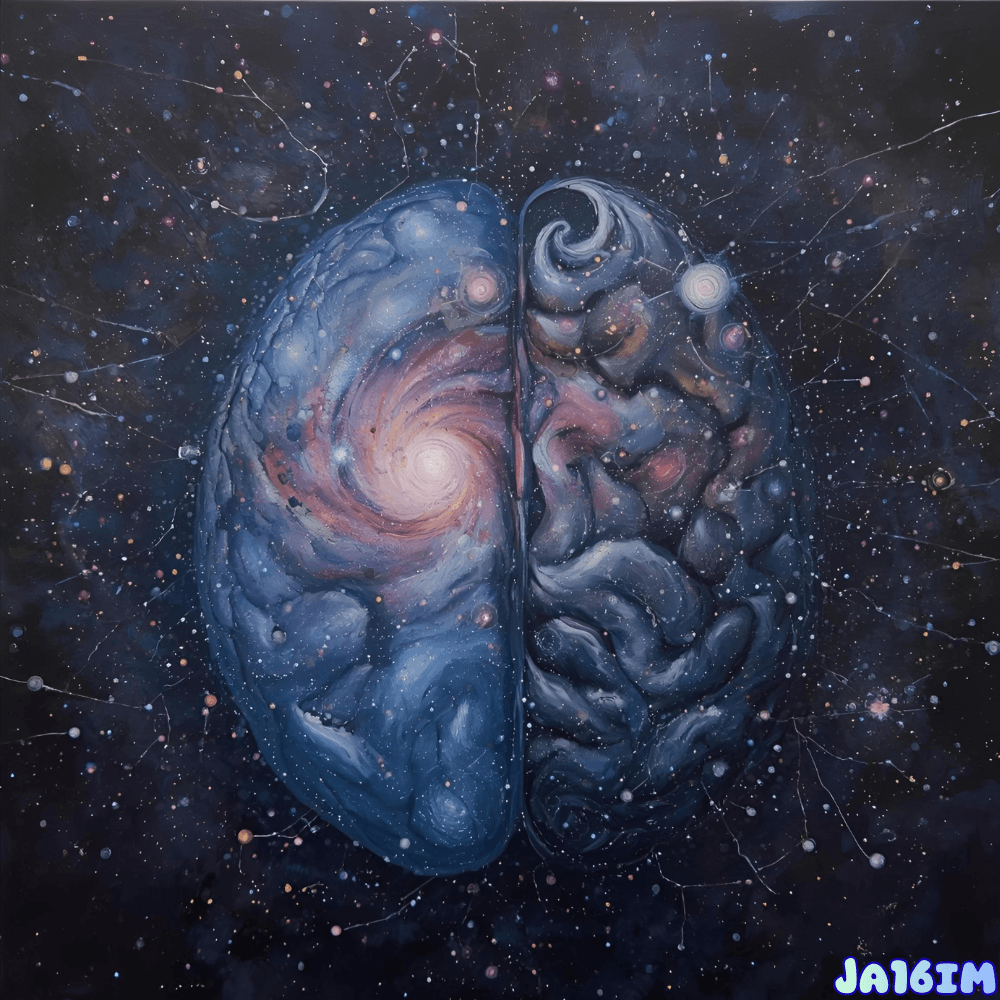 A network of galaxies compared to a brain cell, highlighting the resemblance between the cosmos and the brain.