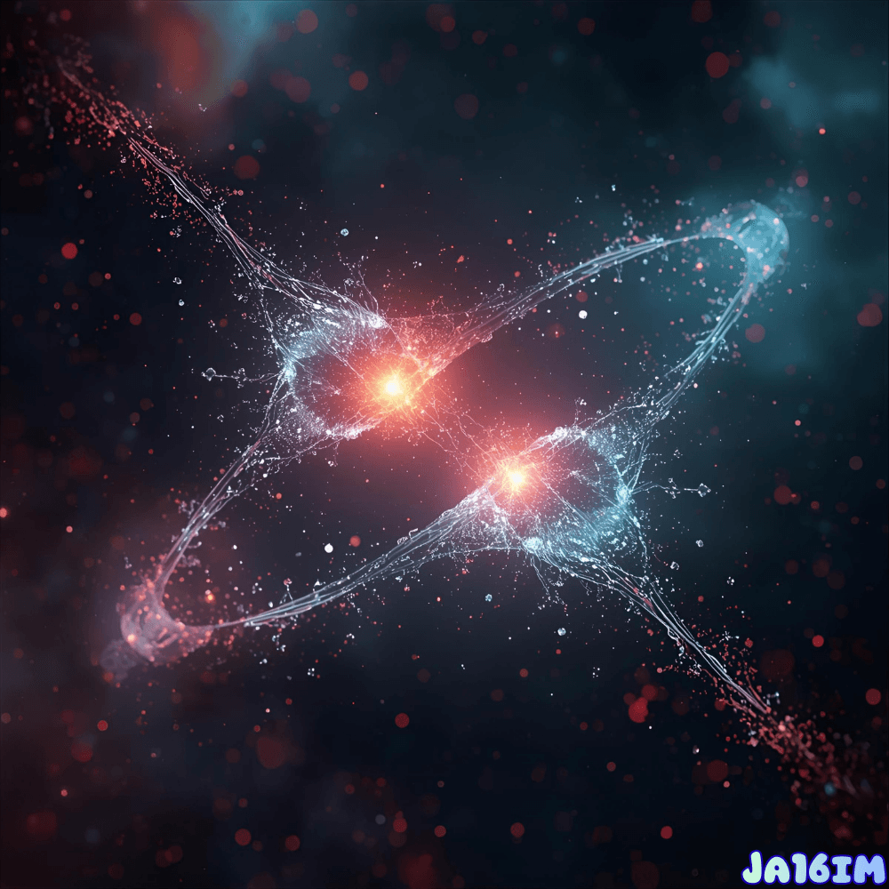An illustration of two entangled particles connected by a mysterious bond at a distance.