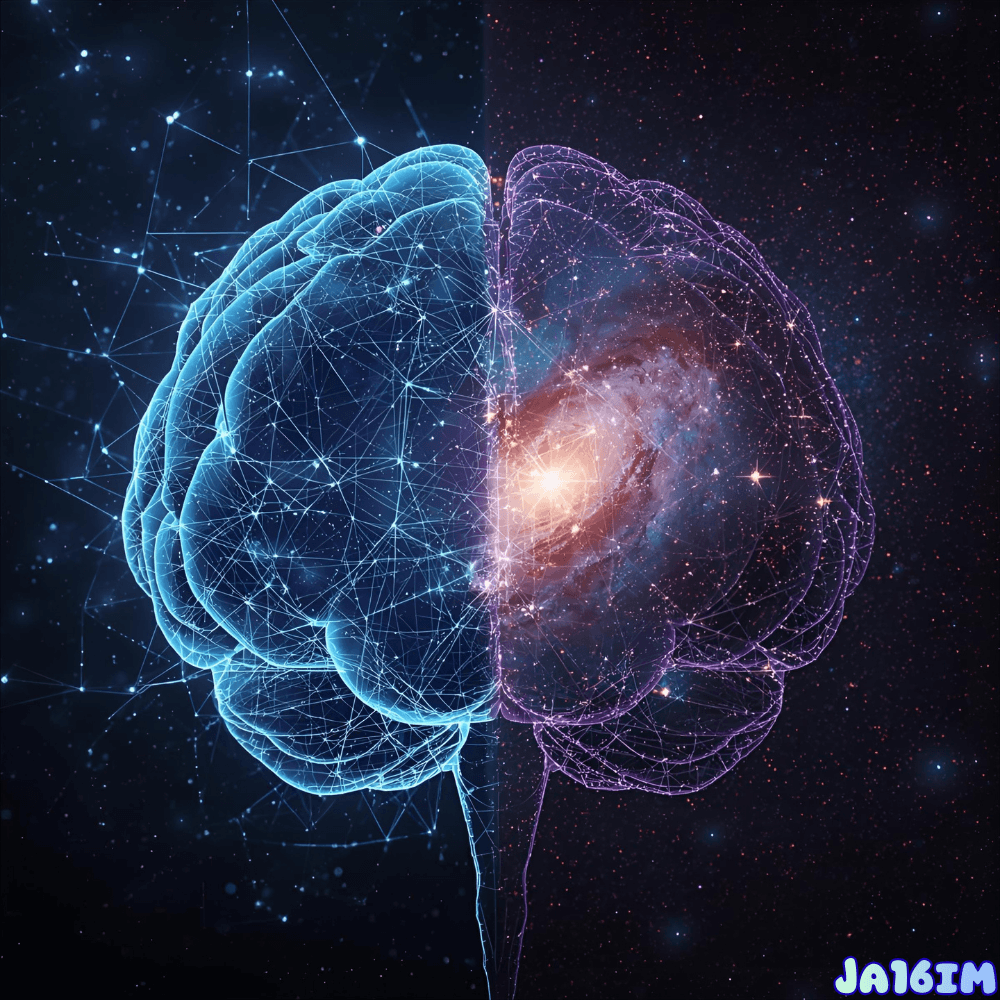A comparative image between the brain’s neural network and the cosmic web of galaxies.