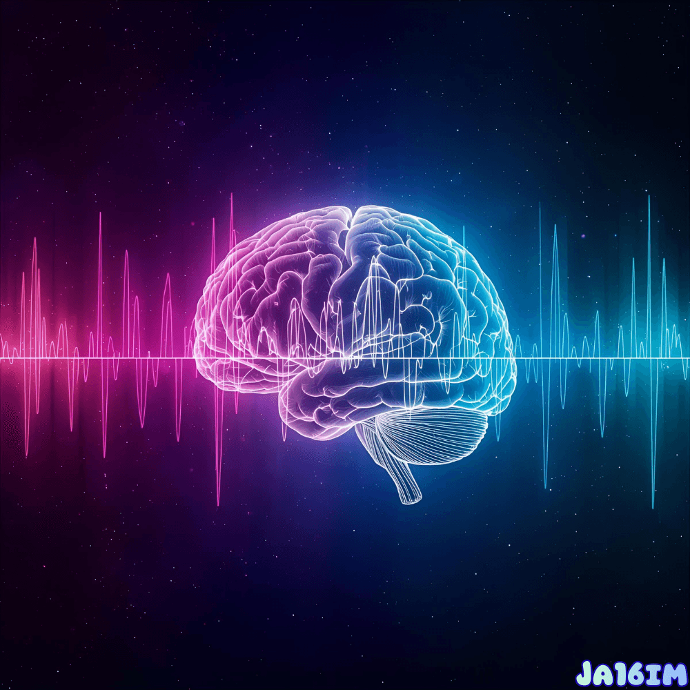 An illustration of brain waves (Alpha, Beta, Gamma) alongside the Schumann resonance frequency.