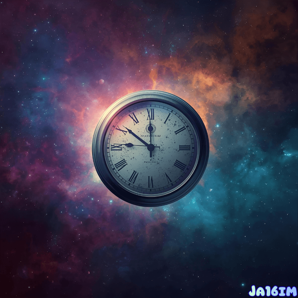 A floating clock in space, symbolizing the relativity of time in consciousness.