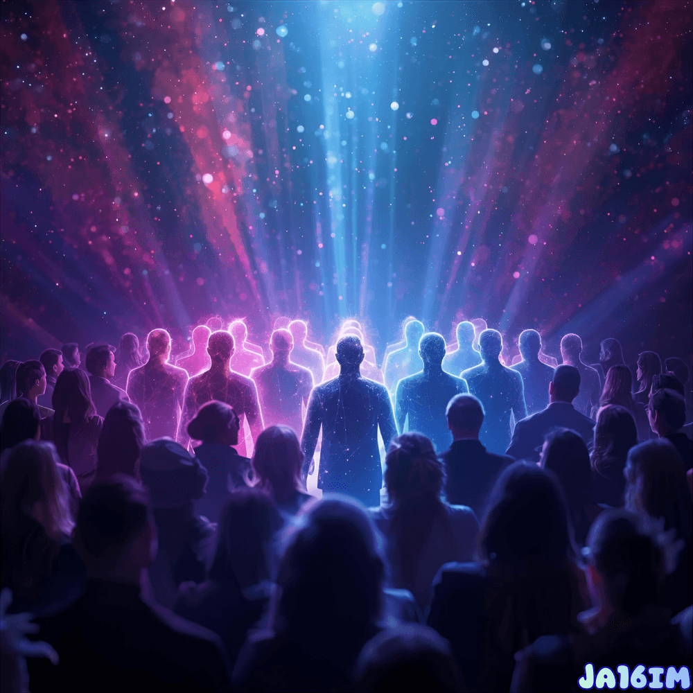 A group of people connected by beams of light, symbolizing the energetic connection between humans.