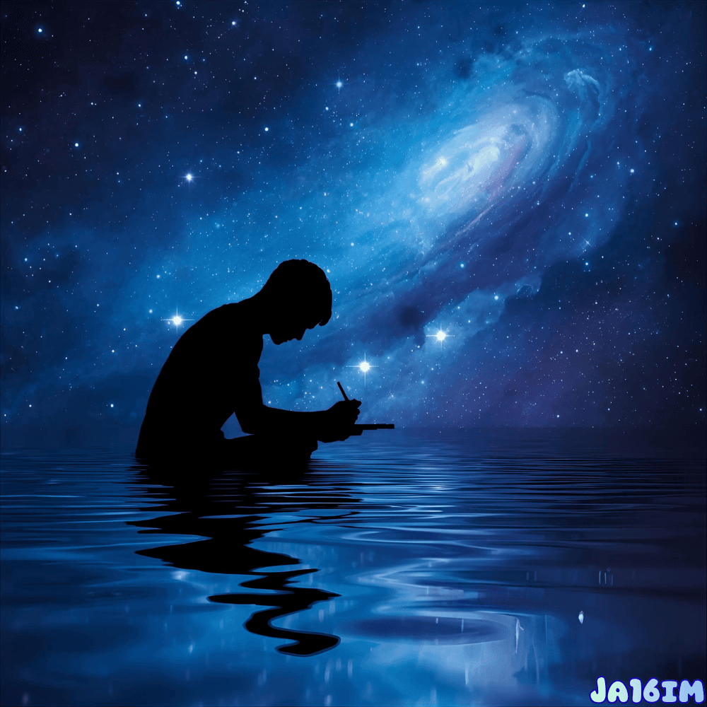 شخص يكتب أو يرسم في حالة تدفق، يعكس انسجام الدماغ والكون