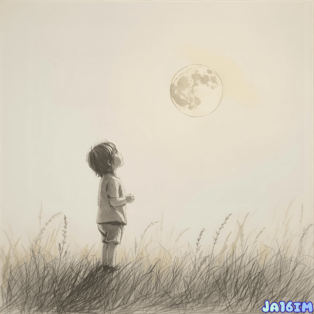 A child gazing at the moon, reflecting direct perception without language