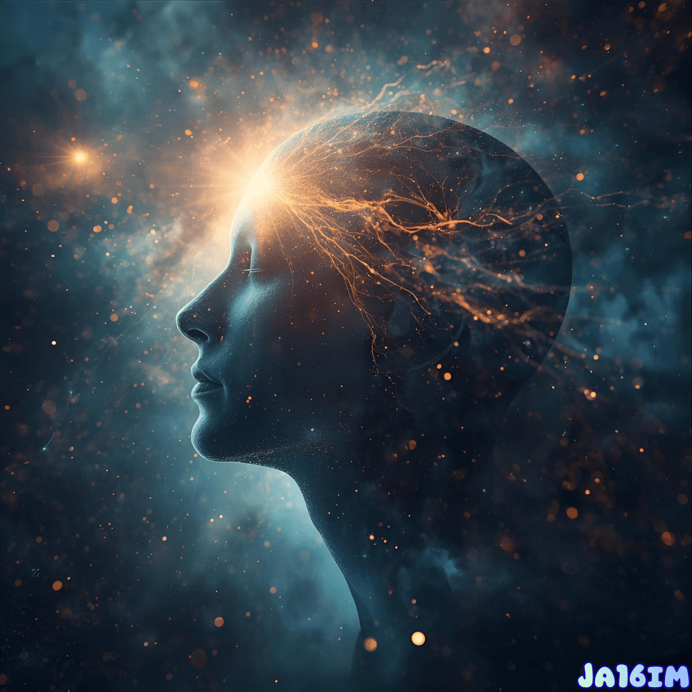 The human as a link between matter, energy, and consciousness—a radiant inner light reflecting the cosmos