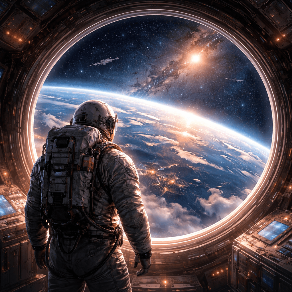 Astronaut floating in space reflecting on isolation and consciousness
